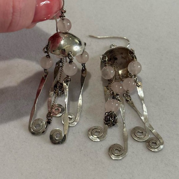925 Sterling Silver Rose Quartz Jellyfish Dangly Statement Unique Earrings - Picture 4 of 6